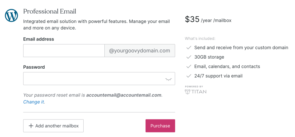 Enter the email address and password you want to use to purchase Professional Email. 