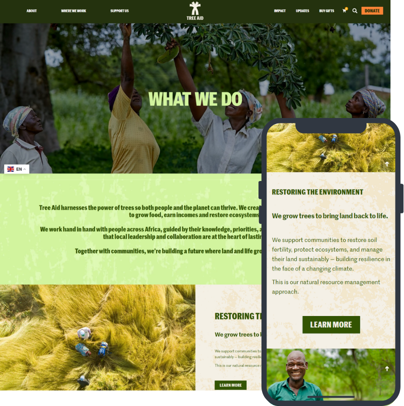 Tree Aid responsive page design shown across desktop and mobile layouts